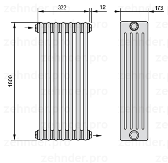 Схема (чертеж) Радиатор Zehnder Charleston 5180/7 №1670 Белый глянцевый RAL 9016